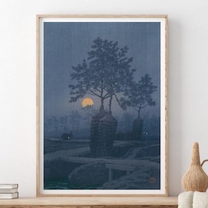 Kawase Hasui Moon at Gamo Print: Japanese Night Landscape Poster