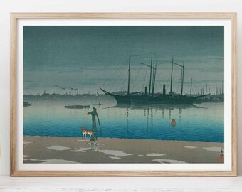 Kawase Hasui Akashi Cho Print | Japanese Harbor Scene with Dog