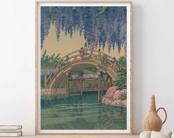 川瀬巴水作「亀戸の藤」、木版画、ジクレー、版画、アジア美術、庭園