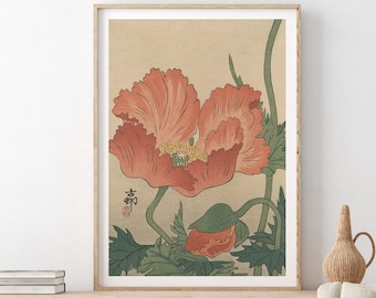 Ohara Koson poster Poppies in bloom, Japanese art poster, ukiyo-e woodblock print