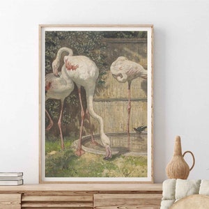 Poster di pittura con animali tre fenicotteri, decorazione Boho, poster di uccelli vintage