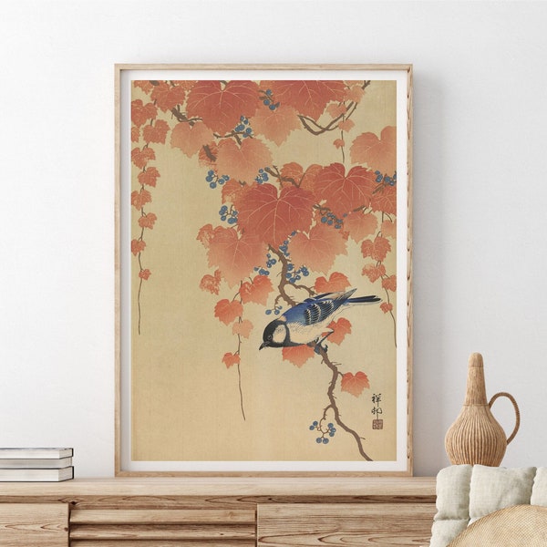 Ukiyo-e print Great tit on paulownia branch Japanese art poster