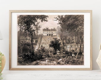 Poster Maya Temple Tulum print on museum paper from a color drawing by Frederick Catherwood