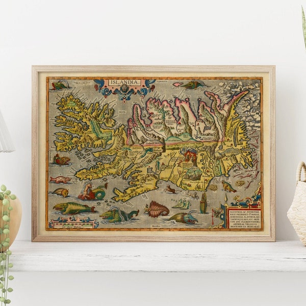 Iceland antique map with sea monsters