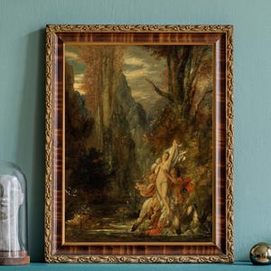 May include: A framed painting with a detailed, ornate, brown and gold frame. The artwork depicts a classical scene with figures in a forest setting. The painting is displayed on a teal shelf, with a bust under a glass dome and decorative spheres.
