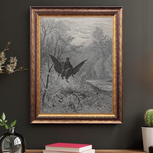 Knight on Hippogriff – Gustave Dore Art Print – Orlando Furioso Illustration - Medieval Fantasy decor - Gothic Wall Art