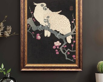 Two Cockatoos Plum Blossom Print – Ohara Koson Woodblock Art – Japandi Bird Decor