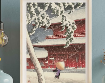 川瀬巴水作「雪の増上寺」日本美術版画、木版画、ジクレー、版画
