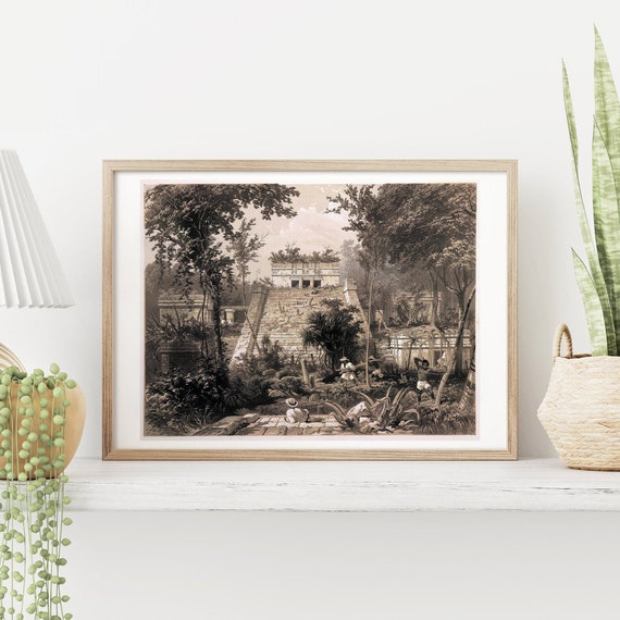 Poster Maya Temple Tulum print on museum paper from a color drawing by Frederick Catherwood