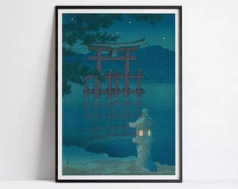 Kawase Hasui Miyajima Torii Print | Japanese Shrine Art, Starry Night