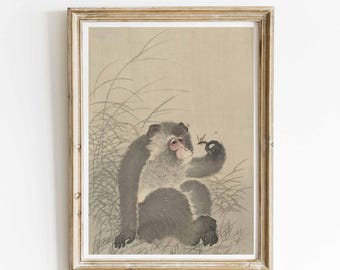 Japanese Print “Monkey Holding a Dragonfly” – Ohara Koson Reproduction