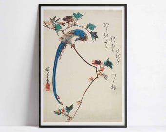 Hiroshige Ukiyo-e Print: Blue Magpie on Maple Branch, Japanese Art