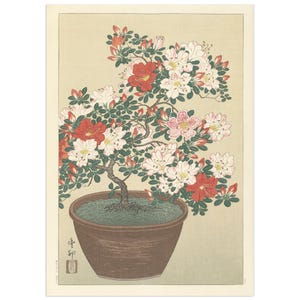 Ohara Koson Museum Qualität Poster Giclée Druck Blühende Azalee in braunem Topf