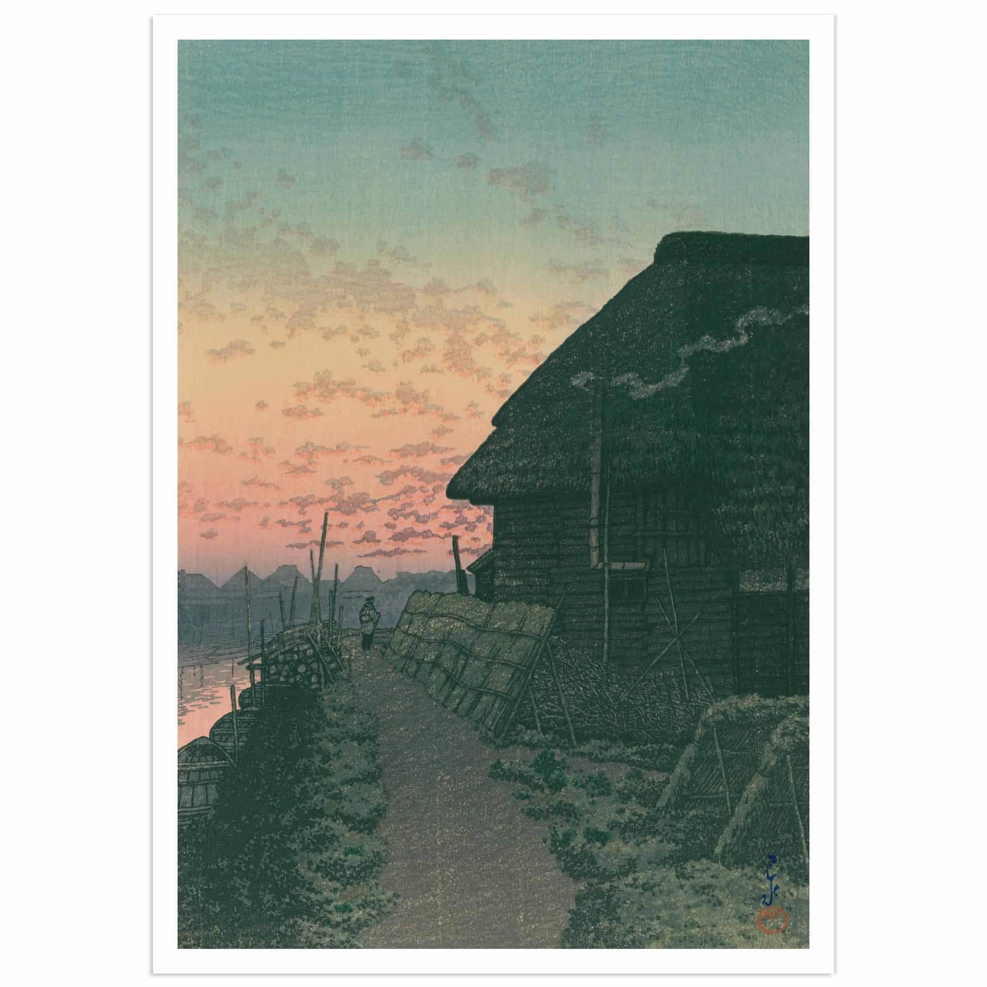 川瀬巴水「夕焼けの森ヶ崎」1932年版画｜日本の村の芸術｜新版画木版