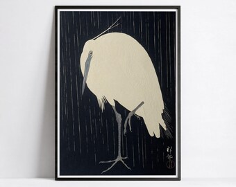 Egret in the Rain Print – Ohara Koson Japanese Woodblock print – Japandi Decor – Museum Quality Art