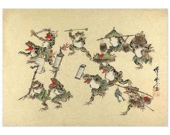 Frog Parade – Kawanabe Kyōsai Japanese Print – Frogs With Lanterns
