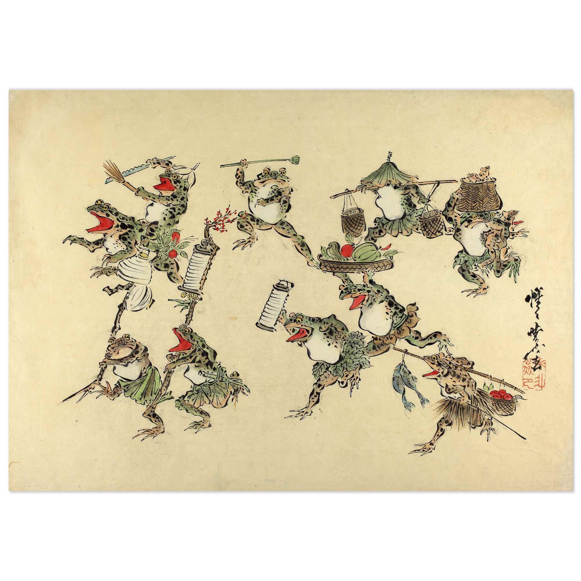 Frog Parade – Kawanabe Kyōsai Japanese Print – Frogs With Lanterns