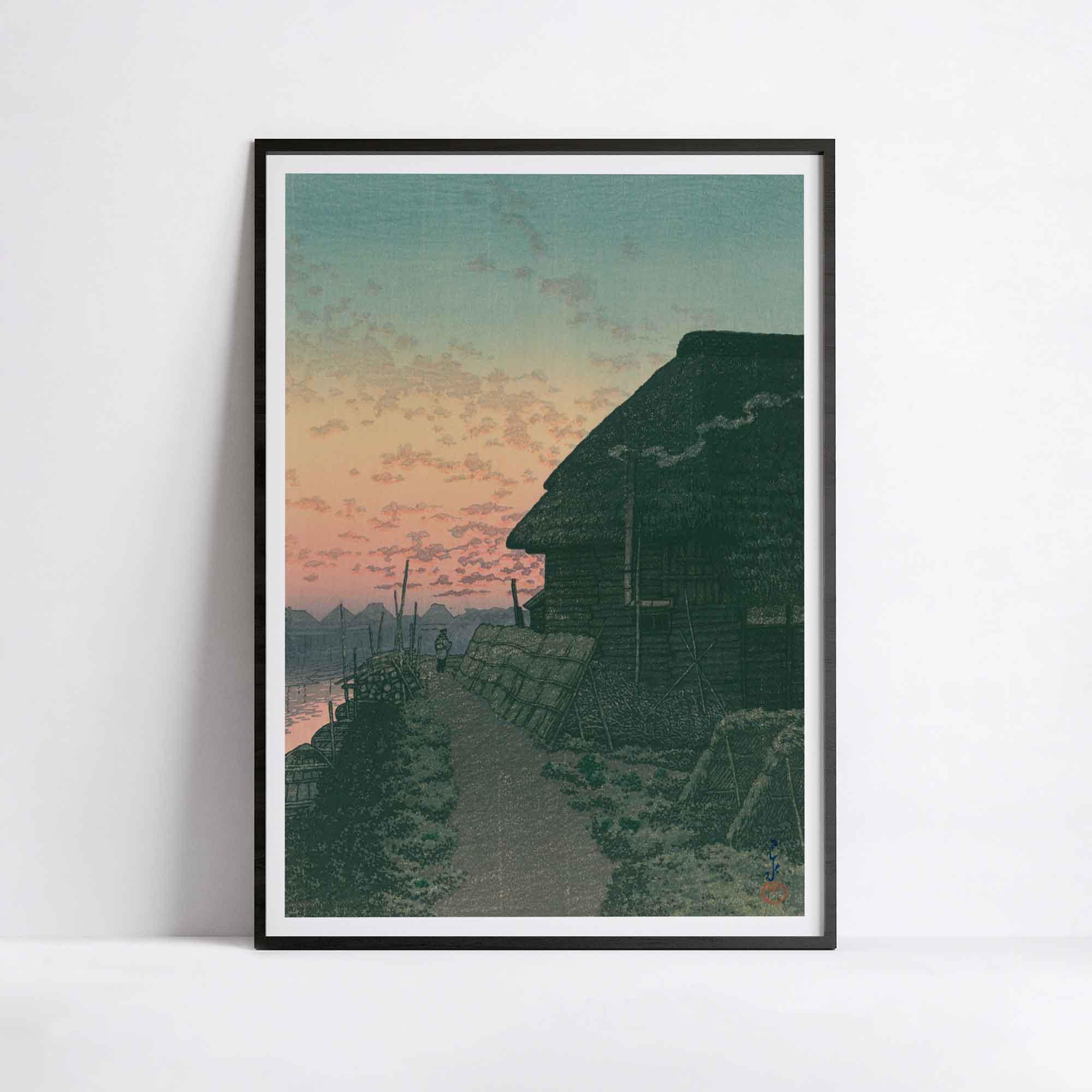川瀬巴水「夕焼けの森ヶ崎」1932年版画｜日本の村の芸術｜新版画木版