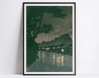 Kawase Hasui Rain at Maekawa Print | Japanese Woodblock Night Scene Poster