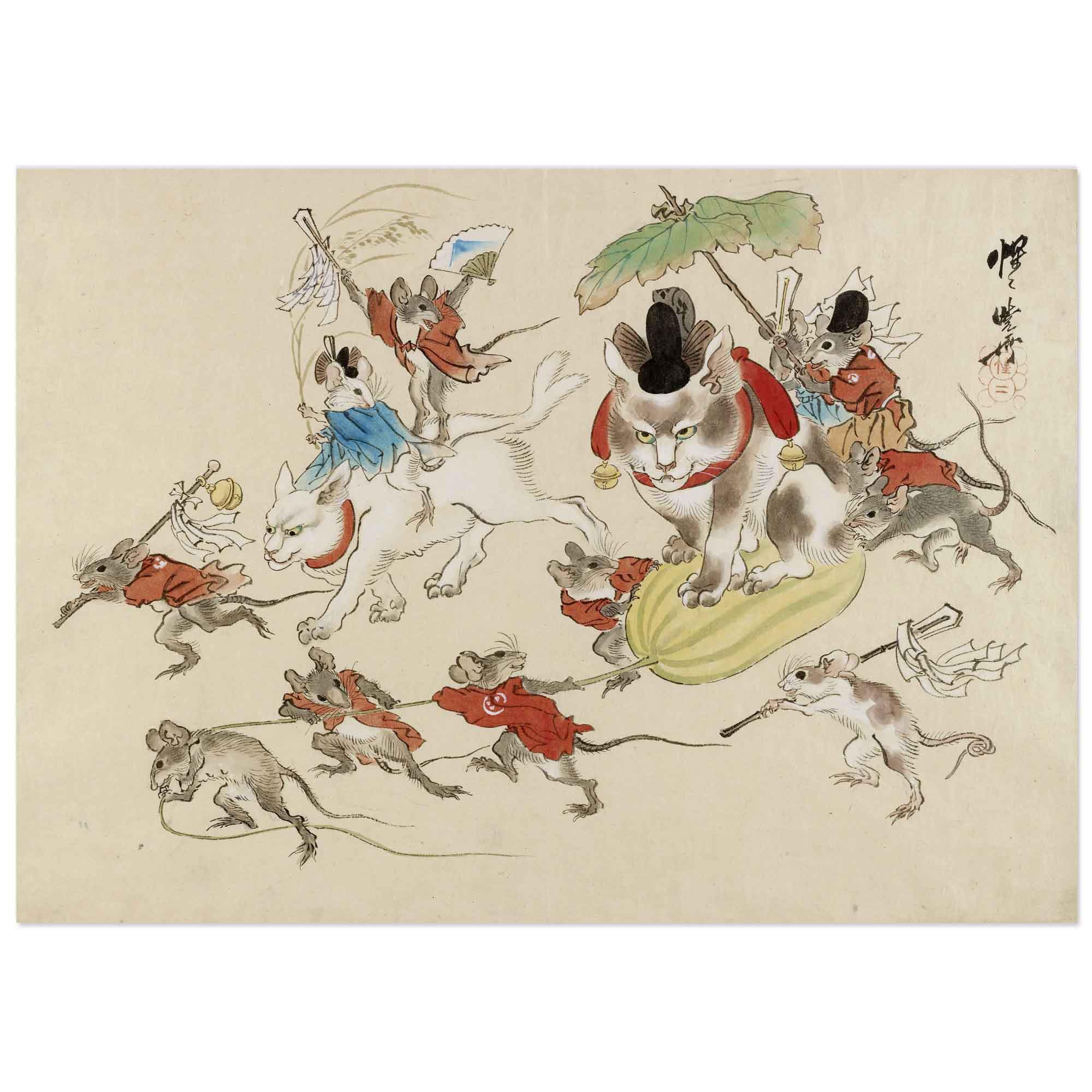 河鍋暁斎版画：ヴィンテージ「猫行列」浮世絵（複製） - Etsy 日本