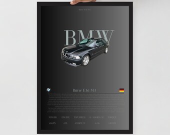 Affiche numérique BMW E36, Portrait de voiture, imprimés muraux, chambre de garçons, maison numérique, bureau, cadeau d'anniversaire