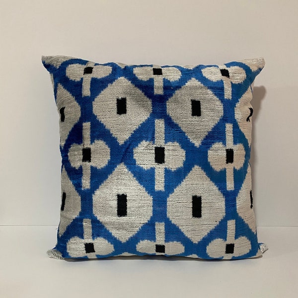 Blue handmade ikat silk velvet home decorative pillow cushion minimalist decor pillow case pillow cover  unique