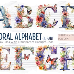 Alfabeto acuarela PNG, 26 letras florales imágenes prediseñadas, paquete de imágenes prediseñadas florales, imágenes prediseñadas de letras, pegatinas, álbum de recortes, letras, diario basura