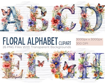 Alfabeto acuarela PNG, 26 letras florales imágenes prediseñadas, paquete de imágenes prediseñadas florales, imágenes prediseñadas de letras, pegatinas, álbum de recortes, letras, diario basura