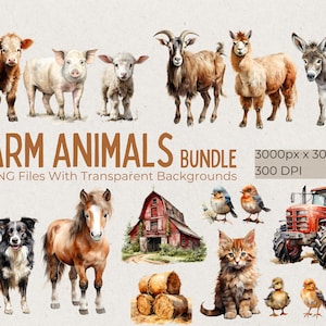 Watercolor Farm Clipart, Farm Animals Clipart Bundle, Cute Animals, Farmhouse Clipart, Cow, Sheep, Pig, Tractor, Farm Dog, Barn Clipart Pack