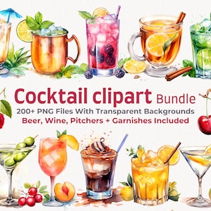 Oltre 200 grafiche per cocktail, pacchetto di clipart di cocktail ad acquerello, clipart di bevande alcoliche, illustrazioni di cocktail PNG, bevande, liquori, estate
