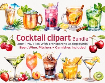 Más de 200 gráficos de cócteles, paquete de imágenes prediseñadas de cócteles de acuarela, imágenes prediseñadas de bebidas alcohólicas, ilustraciones de cócteles PNG, bebidas, licores, verano