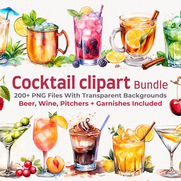 200+ Cocktail Graphics, Aquarel Cocktail Clipart Pack, Alcohol Drinks Clipart, PNG Cocktail Illustraties, Dranken, Sterke dranken, Zomer