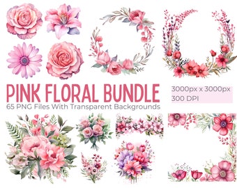65 flores rosas PNG, elementos de imágenes prediseñadas florales de acuarela, coronas florales, marcos, gotas, ramos para uso comercial, imágenes prediseñadas digitales PNG