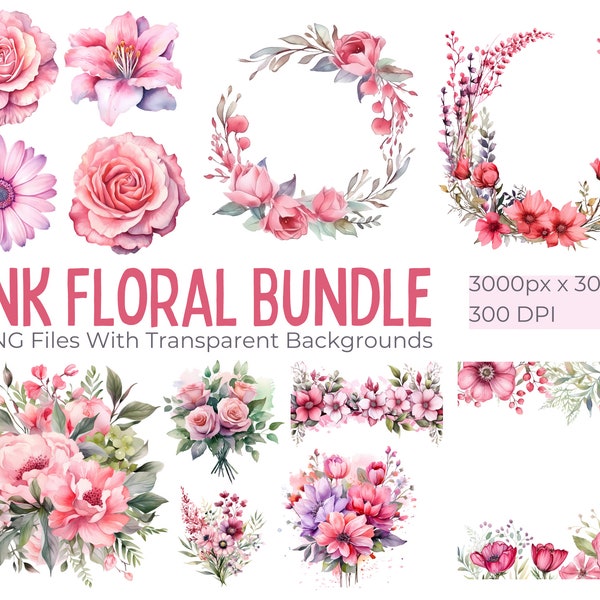65 Pink Flowers PNG, Watercolor Floral Clipart Elements, Floral Wreaths, Frames, Drops, Bouquets For Commercial Use, Digital Clipart PNG