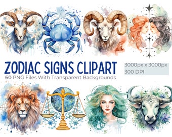 60 Signos del Zodíaco Clipart Horóscopo PNG Acuarela Clip Art Paquete Elementos de la carta astrológica, PNG para magia y astrología Clipart Set