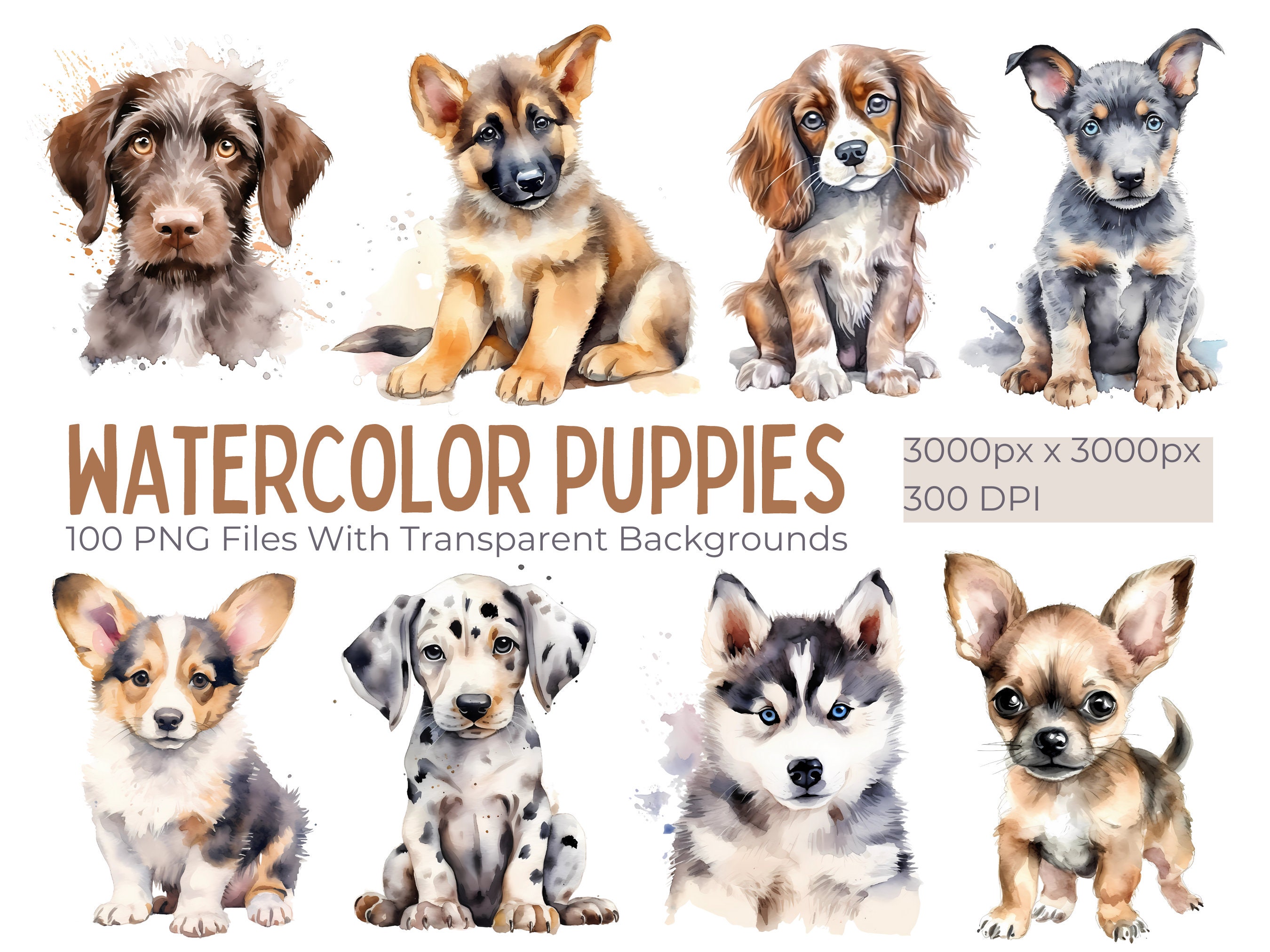100 imágenes prediseñadas de cachorros de acuarela, imágenes prediseñadas de perros, cachorros, paquete PNG de perro, mascota, ilustraciones de razas de perros, imágenes prediseñadas de mascotas, conjunto de gráficos de cachorros