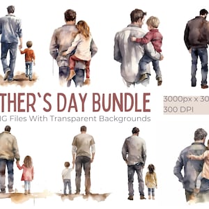 Clipart acquerello per la festa del papà, clipart per papà e figlio, papà e figlia, clipart regalo per la festa del papà, regalo di arte PNG per il padre, clipart regalo per papà