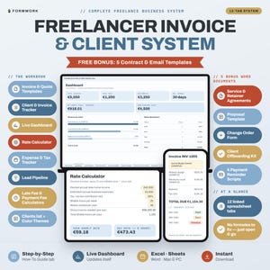 Op de afbeelding: Een digitaal bedrijfssysteem voor freelancers met een dashboard, tariefcalculator en factuursjablonen. De interface toont financiële gegevens en trackingtools. De tekst bevat: Freelancer Invoice & Client System.