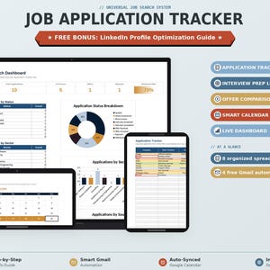 May include: A digital job application tracker system displayed on a laptop, tablet, and smartphone. The interface features a dashboard with charts, a calendar, and status logs. Text includes Job Application Tracker, Smart Calendar, and Application Tracker.