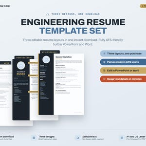 Könnte beinhalten: Ein Set mit Vorlagen für Ingenieur-Lebensläufe, das drei bearbeitbare Layouts in einem Download enthält. Das Dokument zeigt Text wie Engineering Resume Template Set, Generic, Professional, ATS-Friendly sowie Namen wie Jordan Keller und Harper Russo.