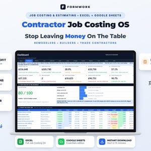 Op de afbeelding: Een digitaal dashboard op een laptopscherm genaamd Contractor Job Costing OS, met financiële statistieken, projectstatus-tabellen en winstanalyse-tools voor Excel en Google Sheets, inclusief tekstoverlays over kostenramingen en calculaties.