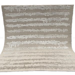 Hand knotted ivory abstract wool and silk rug, modern textured area carpet for living room, contemporary handmade luxury floor covering