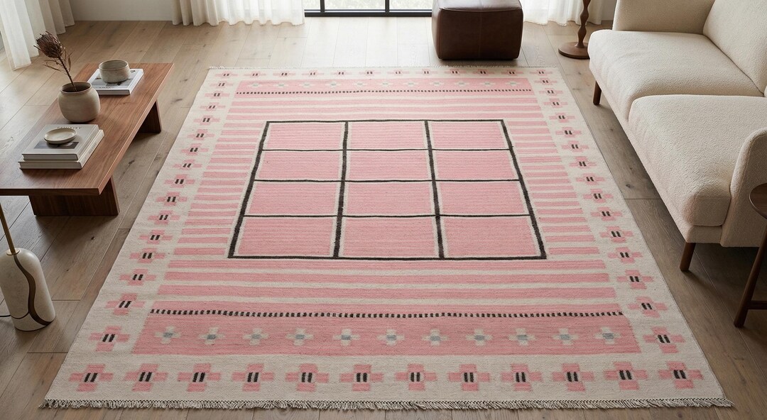 Pink Rug Pattern Horizontal Hand Woven Flatweave Rug 8x10 Pink Geometric Pattern Modern Area Rug ...