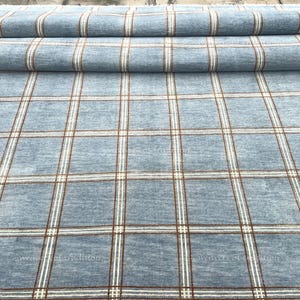Hand Knotted Wool Area Rug in Blue with Ivory & Brown Plaid Checks, Modern Farmhouse Style Carpet for Living Room, Dining Room or Bedroom