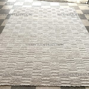 Hand Knotted Ivory Wool Rug, Modern Textured High Low Carpet, 8x10 Quick Ship, Minimalist Neutral Area Rug for Living Room Décor