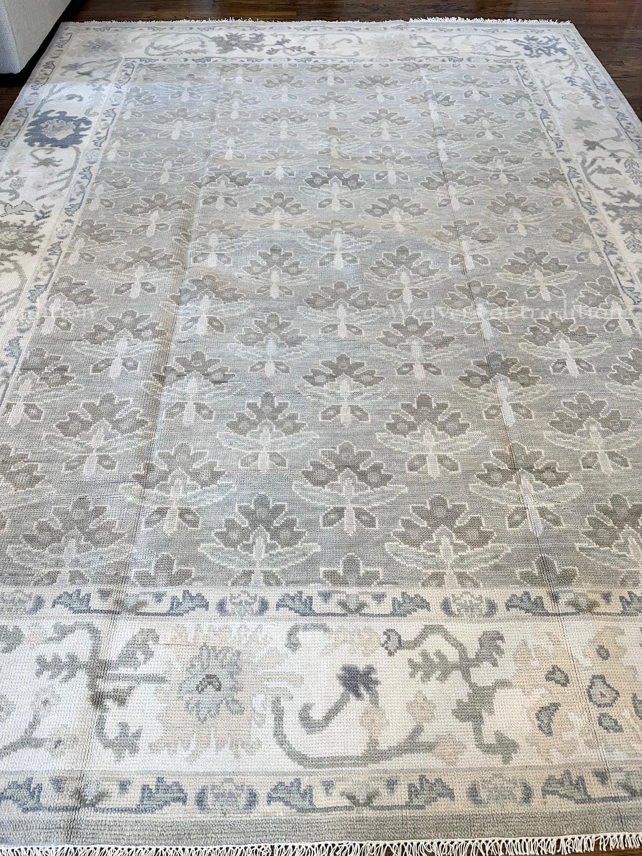 Grey ivory beige blue, Oushak Rug, 8x10 9x12 10x14, hand knotted low pile repeating floral pattern with wide border and soft vintage finish