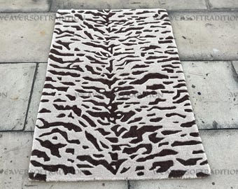 Tappeto in lana tuftato a mano con motivo zebrato 3x5 / Tappeto con stampa animalier beige-marrone per soggiorno