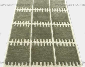 Handtuftad ullmatta | Olivgrön geometrisk matta, krämfärgad kant för vardagsrum, sovrum