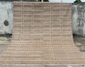 Sand Beige Tan Grid Hand Knotted Wool Rug Modern Scandinavian Living Room Area Rug