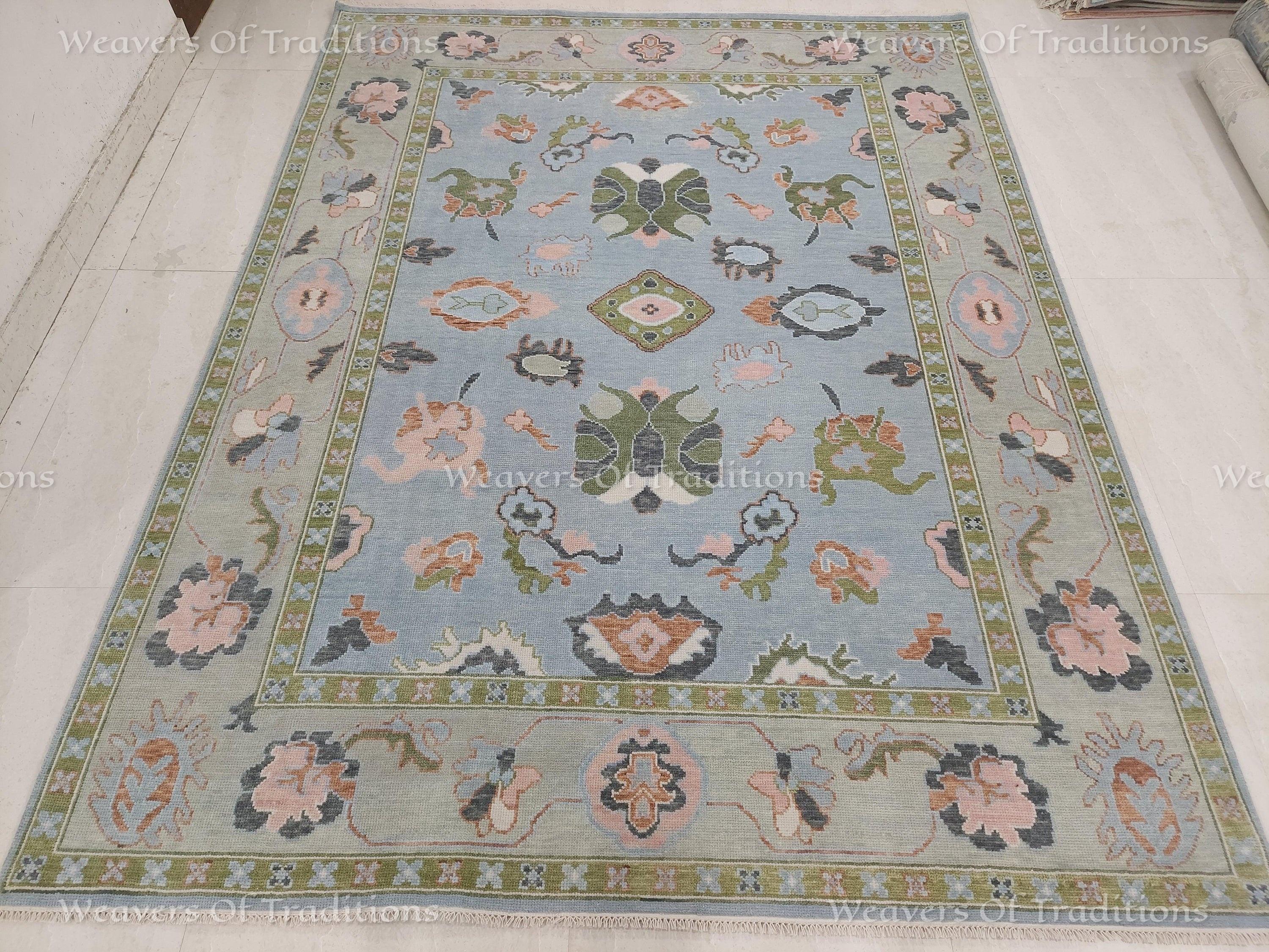 8x11 Oushak Rug, Dull Blue/Olive Green, Turkish Hand Knotted Wool Carpet with Pastel Floral Motifs – Ideal for Cozy Living Room Interiors
